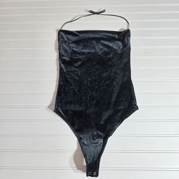 Abercrombie & Fitch Velour Cowl Neck Halter Thong Bodysuit Black size XS - Picture 1 of 7